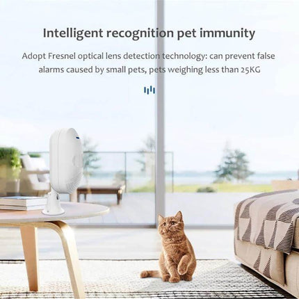 Tuya App-Controlled Wireless Motion Sensor for Home Security mounted near living room window with cat, pet-immunity feature and indoor alert