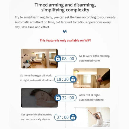 Tuya App-Controlled Wireless Motion Sensor for Home Security showing timed arming/disarming schedule on Tuya app
