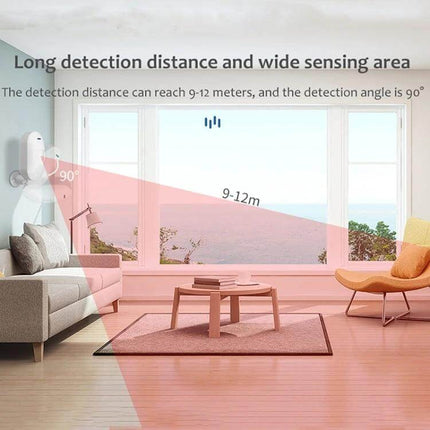 Tuya App-Controlled Wireless Motion Sensor for Home Security mounted showing 90° angle and 9-12m detection in living room