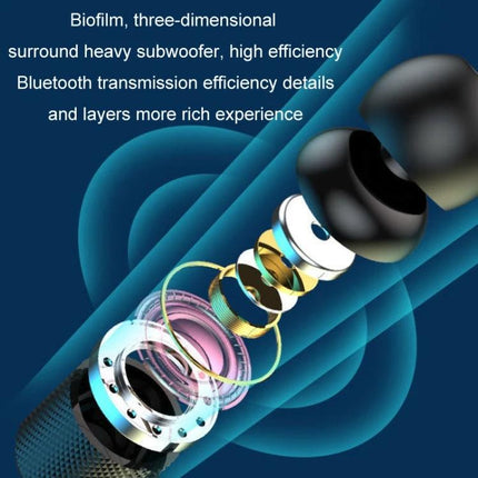 Wireless Neckband Headset With Magnetic Earbuds For Running showing exploded view of magnetic earbuds and subwoofer layers
