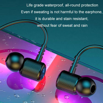 Wireless Neckband Headset With Magnetic Earbuds For Running showing waterproof magnetic earbuds and splash-resistant silicone neckband