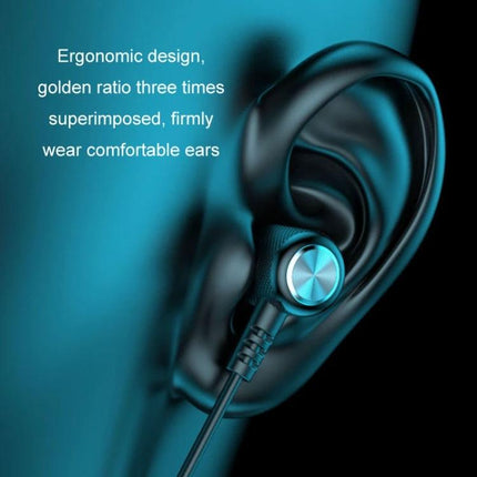 Wireless Neckband Headset With Magnetic Earbuds For Running showing ergonomic wired earbud in ear with magnetic tidy storage