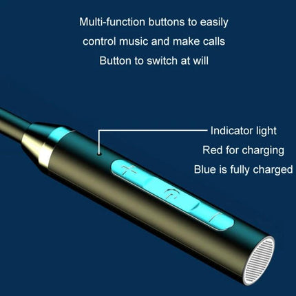 Wireless Neckband Headset With Magnetic Earbuds For Running showing inline control pod with volume and call buttons and charging indicator