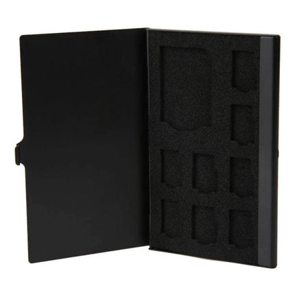 Aluminum Storage Case for SD and Micro SD Memory Cards - black aluminum protective case with foam slots for 1 SD and 8 Micro SD cards