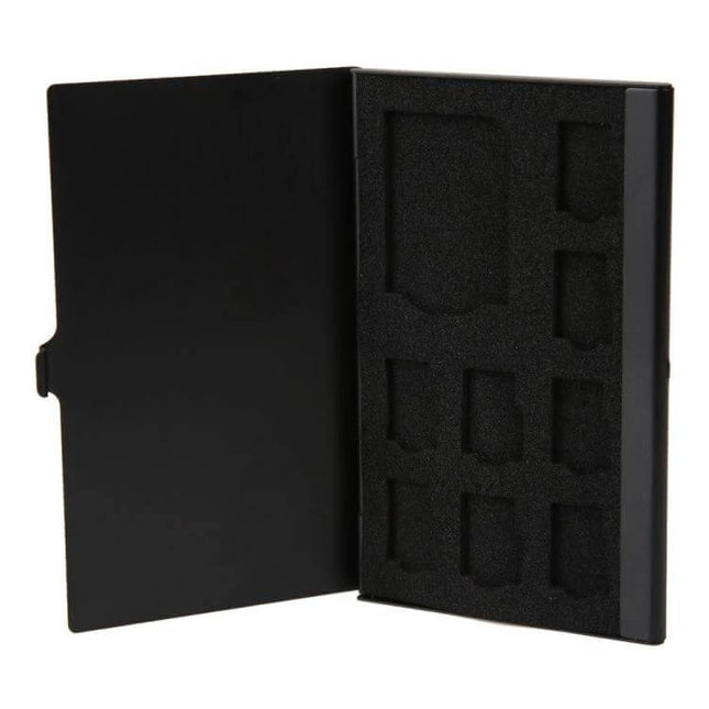 Aluminum Storage Case for SD and Micro SD Memory Cards - black aluminum protective case with foam slots for 1 SD and 8 Micro SD cards