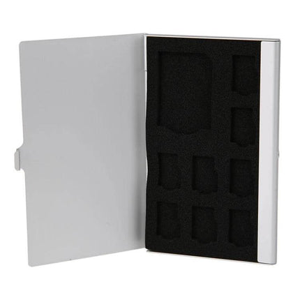 Aluminum Storage Case for SD and Micro SD Memory Cards with foam slots for 1 SD and 8 Micro SD cards, silver protective travel organizer