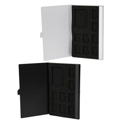Aluminum Storage Case for SD and Micro SD Memory Cards – compact aluminum box with 1 SD and 8 Micro SD foam slots, dust and shock resistant