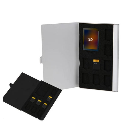 Aluminum Storage Case for SD and Micro SD Memory Cards with 1 SD and 8 Micro SD slots, protective foam for travel and photographers