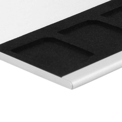Aluminum Alloy Memory Card Storage Case for SD Cards in Silver and Black - close-up of silver case corner with black foam SD slots, dustproof antimagnetic protection