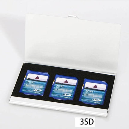 Aluminum Alloy Memory Card Storage Case for SD Cards in Silver and Black with three SD cards shown open, antimagnetic dustproof protection