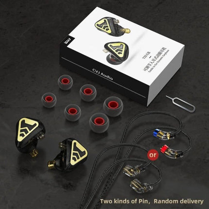 CVJ Wired In Ear Earphones With Microphone For Commute black earphones with red tips, spare ear gels and packaging, wired kit