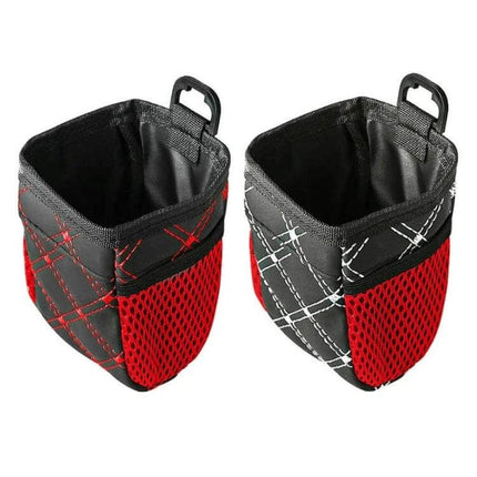 Two Pack Car Air Outlet Storage Bag With Net Pocket For Small Items - PU leather vent organizer with red mesh pockets, holds phones glasses pens