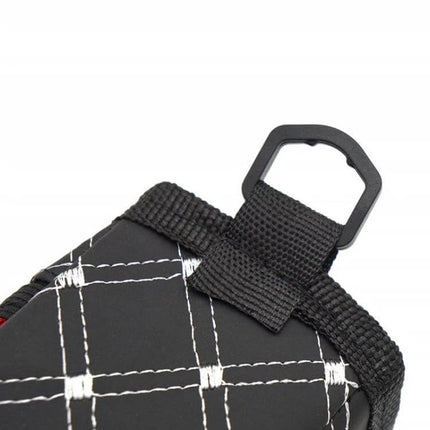 Two Pack Car Air Outlet Storage Bag With Net Pocket For Small Items – black PU leather vent organizer close-up with stitched pattern and clip