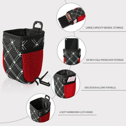 Two Pack Car Air Outlet Storage Bag With Net Pocket For Small Items - PU leather vent organizer with red mesh pocket for phone, glasses, cards