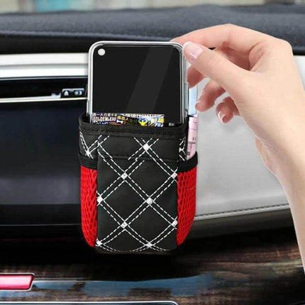 Two Pack Car Air Outlet Storage Bag With Net Pocket For Small Items - PU leather black organizer holding phone and small items on vent