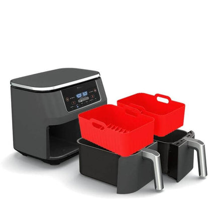 Air Fryer Silicone Liner Mat, Thick for Reusable Basket shown red silicone liners fitting inside dual air fryer baskets to prevent sticking and drain oil