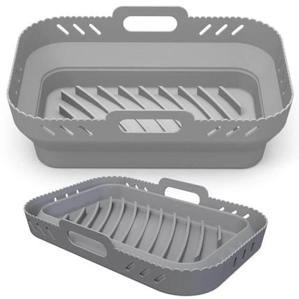 Air Fryer Silicone Mat Foldable Tray For Crispy Meals - gray food-grade silicone non-stick foldable tray with handles and slotted arch to drain oil