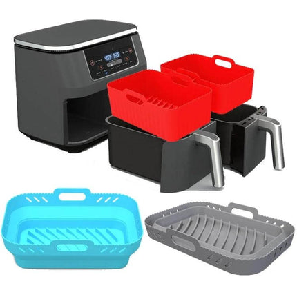 Air Fryer Silicone Mat Foldable Tray For Crispy Meals shown in red, blue and gray inside air fryer baskets for non-stick, oil-draining crisping