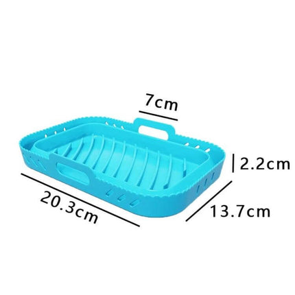 Air Fryer Silicone Mat Foldable Tray For Crispy Meals - blue food-grade silicone liner with handles and slotted arch for draining oil (20.3x13.7x2.2cm)