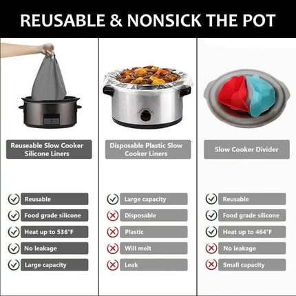 6Qt Silicone Slow Cooker Liners, Reusable Leakproof For Easy Cleanup - reusable food-grade silicone liner in slow cooker showing benefits