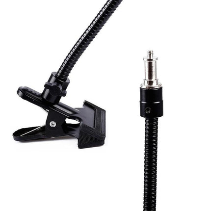 50cm Flexible Hose for Photography with 1/4 Screw Port, black gooseneck clamp mount showing 1/4 screw and table clip