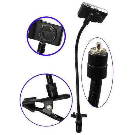 50cm Flexible Hose for Photography with 1/4 Screw Port mounted via clamp showing camera, flexible goose-neck and 1/4 screw port