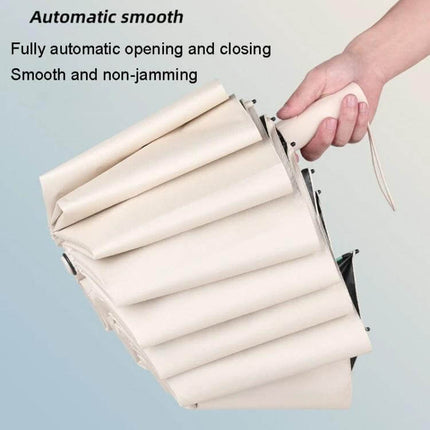 Automatic Umbrella for Sun and Rain with 60 Reinforced Bones beige compact automatic folding umbrella in hand, UPF50+ sun and rain protection