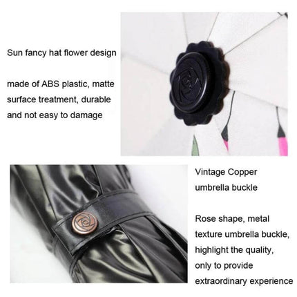 Folding Dual-Purpose Sun Umbrella for Everyday Outdoor Use close-up showing rose-shaped vintage copper buckle and ABS plastic hat flower design