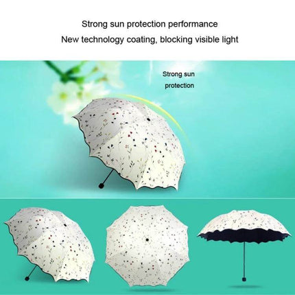 Folding Dual-Purpose Sun Umbrella for Everyday Outdoor Use - white floral print umbrella showing strong sun protection and coating