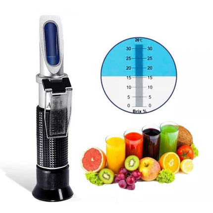 Handheld Refractometer for Fruit Brix and Sugar Testing - portable refractometer with prism, Brix scale, and fruit juice samples for ripeness testing