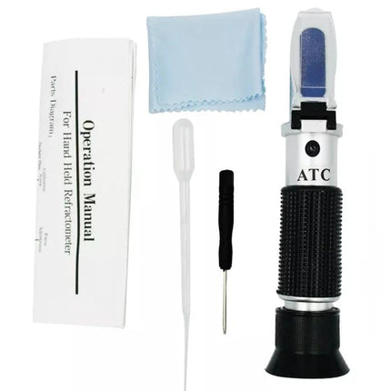 Handheld Refractometer for Fruit Brix and Sugar Testing handheld refractometer kit with prism, pipette, screwdriver, cloth and manual