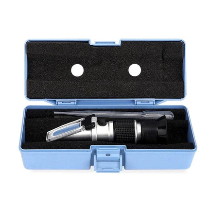 Handheld Refractometer for Fruit Brix and Sugar Testing in blue carrying case with prism and pipette