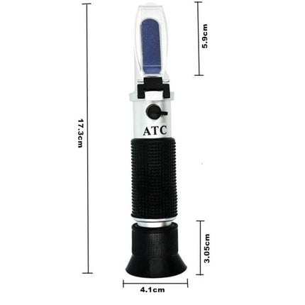 Handheld Refractometer for Fruit Brix and Sugar Testing handheld refractometer with ATC, textured grip and prism, dimensions shown for orchard and kitchen use