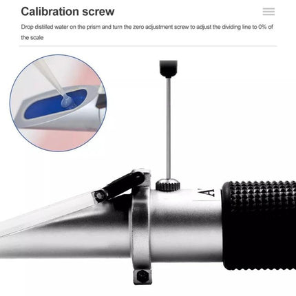 Handheld Refractometer for Fruit Brix and Sugar Testing showing calibration screw and prism with distilled water drop