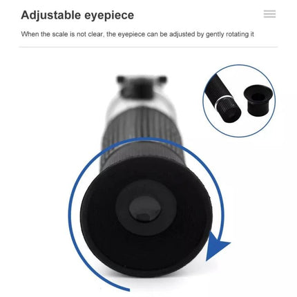 Handheld Refractometer for Fruit Brix and Sugar Testing showing adjustable eyepiece and removable rubber cup for clear scale viewing