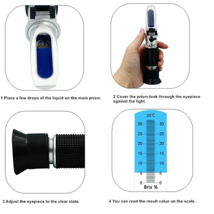 Handheld Refractometer for Fruit Brix and Sugar Testing showing prism, eyepiece, grip and Brix scale with instructions