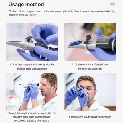 Handheld Refractometer for Fruit Brix and Sugar Testing showing user applying juice to prism and reading scale through eyepiece