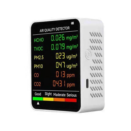 Indoor Air Quality Monitor for Home Environment Tracking digital detector displaying PM2.5 PM10 HCHO TVOC CO CO2 levels and color air quality scale