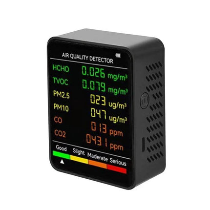 Indoor Air Quality Monitor for Home Environment Tracking - compact detector showing PM2.5, PM10, HCHO, TVOC, CO, CO2 readings on colored display