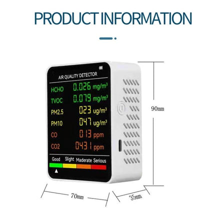Indoor Air Quality Monitor for Home Environment Tracking — compact digital detector showing PM2.5 PM10 HCHO TVOC CO CO2 levels