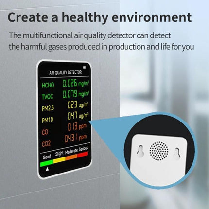 Indoor Air Quality Monitor for Home Environment Tracking - wall-mounted detector showing PM2.5, PM10, HCHO, TVOC, CO, CO2 readings on color screen