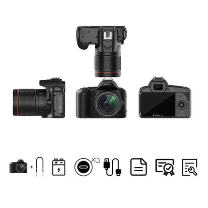 Wireless Night Vision Digital Camera for Everyday Photos and Videos showing multiple camera angles, lens, and icons for accessories and connectivity