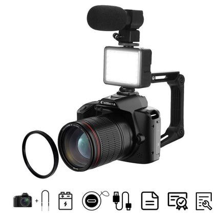 Wireless Night Vision Digital Camera for Everyday Photos and Videos showing camera with lens, microphone, LED light and accessories