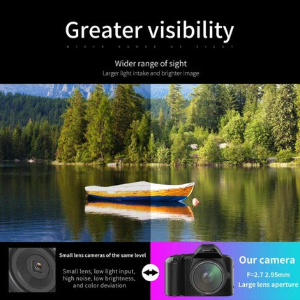 Wireless Night Vision Digital Camera for Everyday Photos and Videos showing daytime vs night visibility comparison with boat on lake and camera lens close-up
