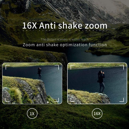 Wireless Night Vision Digital Camera for Everyday Photos and Videos showing 16X anti-shake zoom comparison views (1X vs 16X)