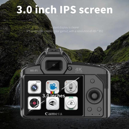Wireless Night Vision Digital Camera for Everyday Photos and Videos showing rear 3.0 inch IPS screen, Wi‑Fi connectivity and menu icons