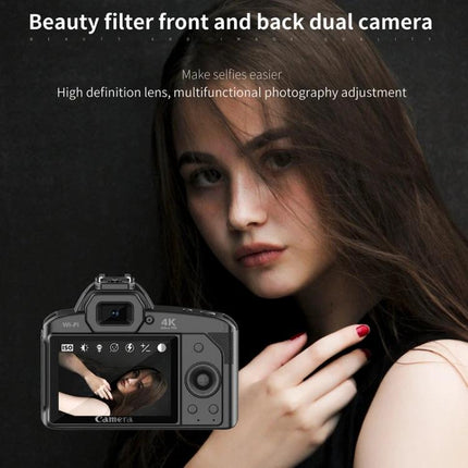 Wireless Night Vision Digital Camera for Everyday Photos and Videos — model showing beauty filter, dual front/back camera and Wi‑Fi remote preview