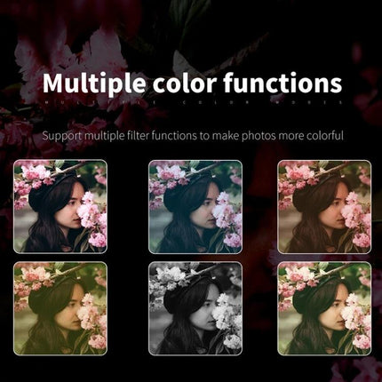 Wireless Night Vision Digital Camera for Everyday Photos and Videos showcasing multiple color filter modes and sample images of a woman with flowers