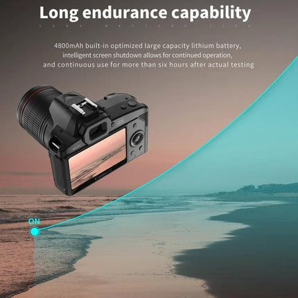 Wireless Night Vision Digital Camera for Everyday Photos and Videos showing camera back screen over beach scene highlighting long endurance battery