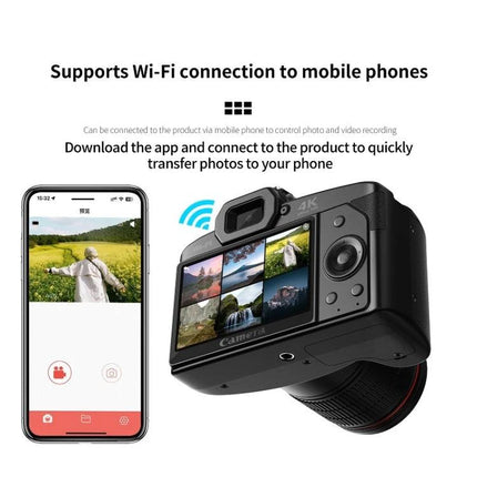Wireless Night Vision Digital Camera for Everyday Photos and Videos showing Wi‑Fi mobile connection and app-controlled remote photo transfer